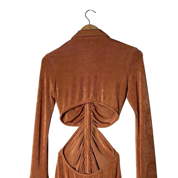 Isalis Dress Midi Button Down Front Split Back Long Sleeve V Neck Ruched Size S - Picture 6 of 11